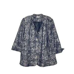 Coldwater Creek Jacket Women XL Blue Silver 3/4 Sleeve Button Up Collared Linen